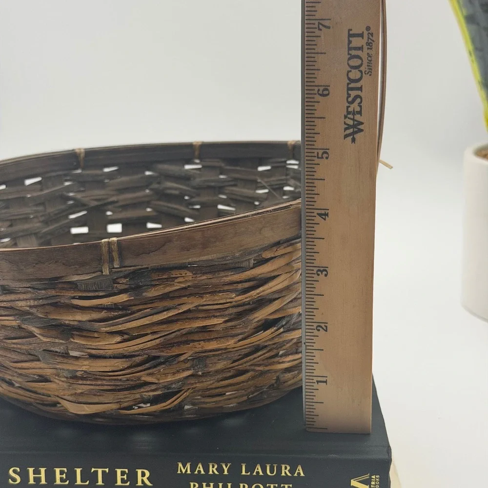 Vintage Woven Wood Round Basket with Tall Handle Brown Rustic Farmhouse Decor